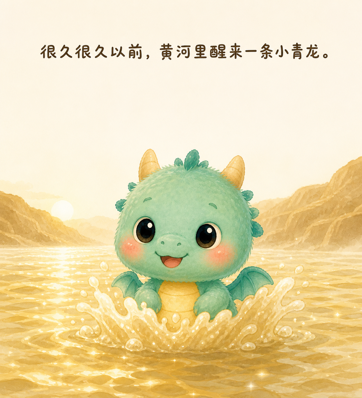 清晨的黄河水面闪着金光，小青龙从水花里探出圆圆的脑袋