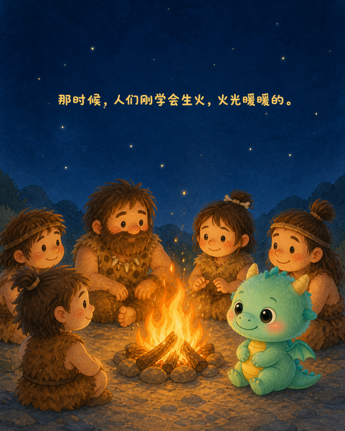 远古的夜晚，人们围着火堆取暖，小青龙好奇地凑近看