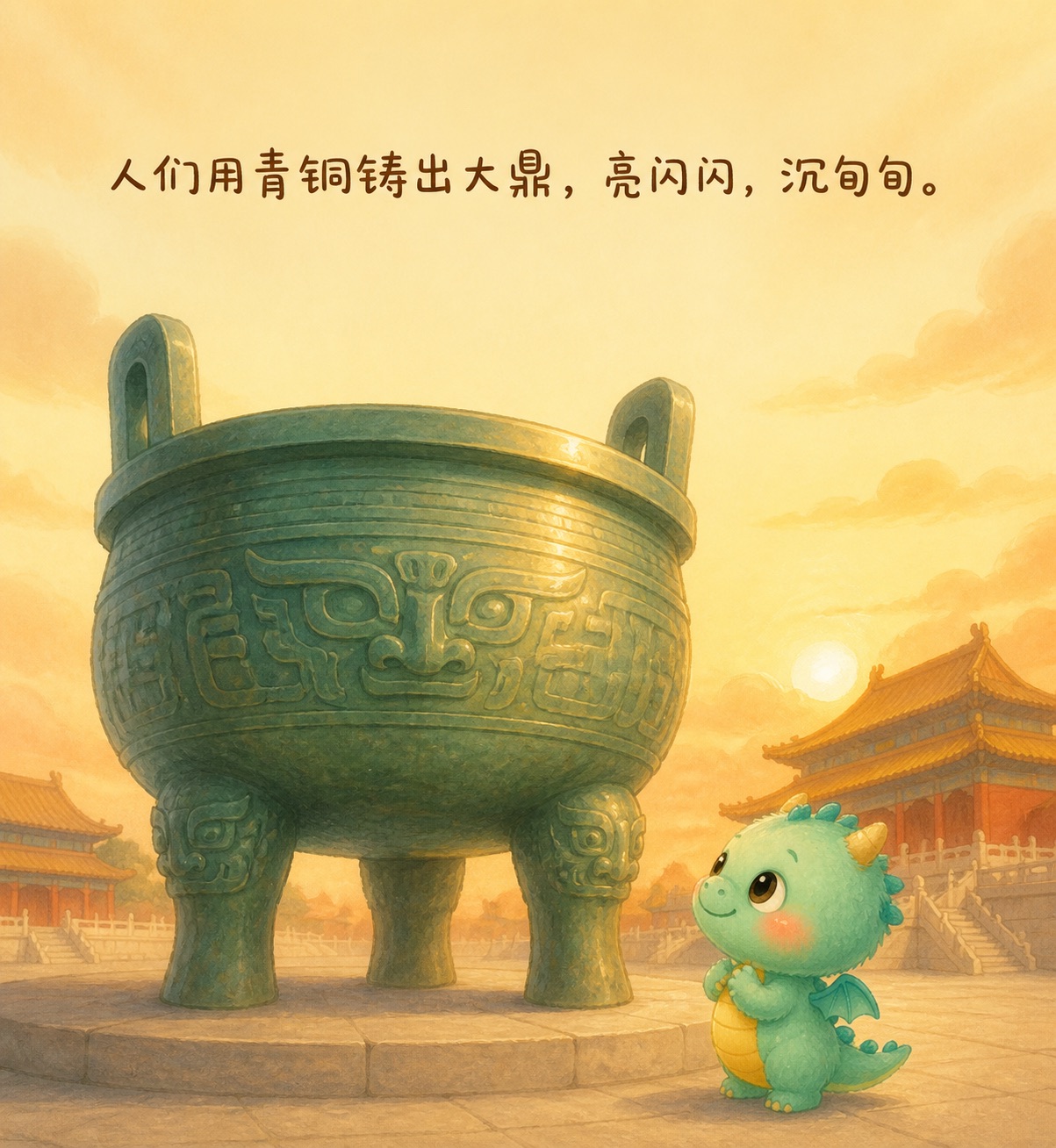 一只带兽面纹的青铜大鼎立在广场上，小青龙仰着头看