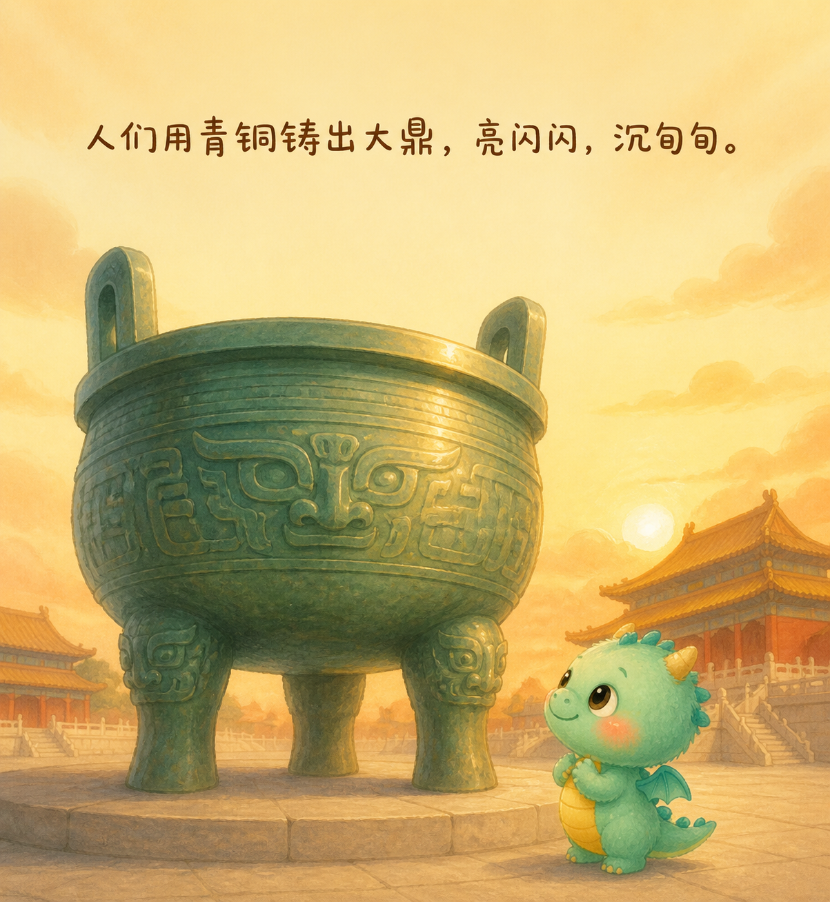 一只带兽面纹的青铜大鼎立在广场上，小青龙仰着头看