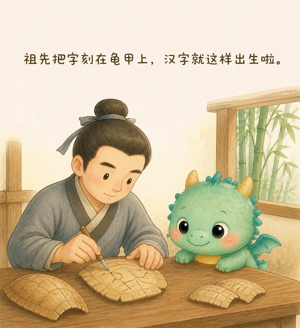 古人拿着小刀在龟甲上刻字，小青龙趴在旁边睁大眼睛看