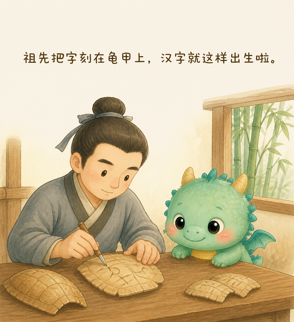 古人拿着小刀在龟甲上刻字，小青龙趴在旁边睁大眼睛看