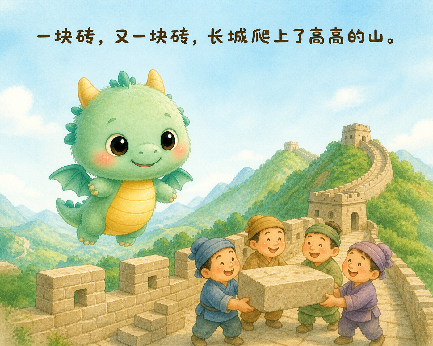 长城沿着高高的山脊起伏，人们一块一块地搬砖，小青龙在城墙上飞