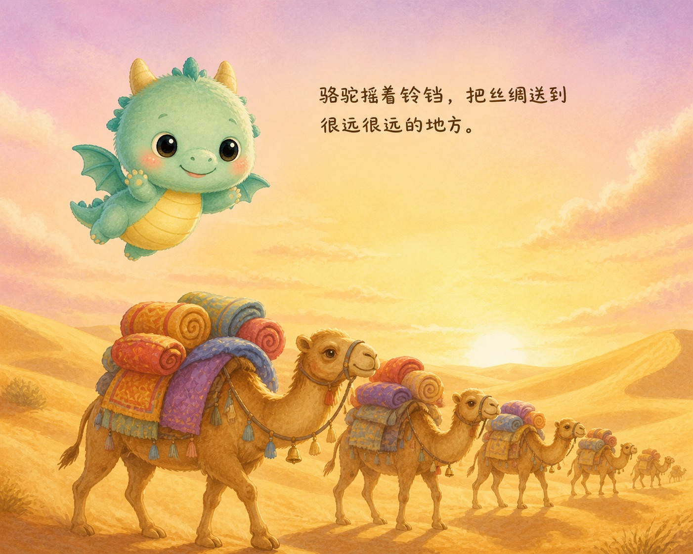 夕阳下的沙漠里，骆驼商队驮着丝绸慢慢走，小青龙在天上跟着飞