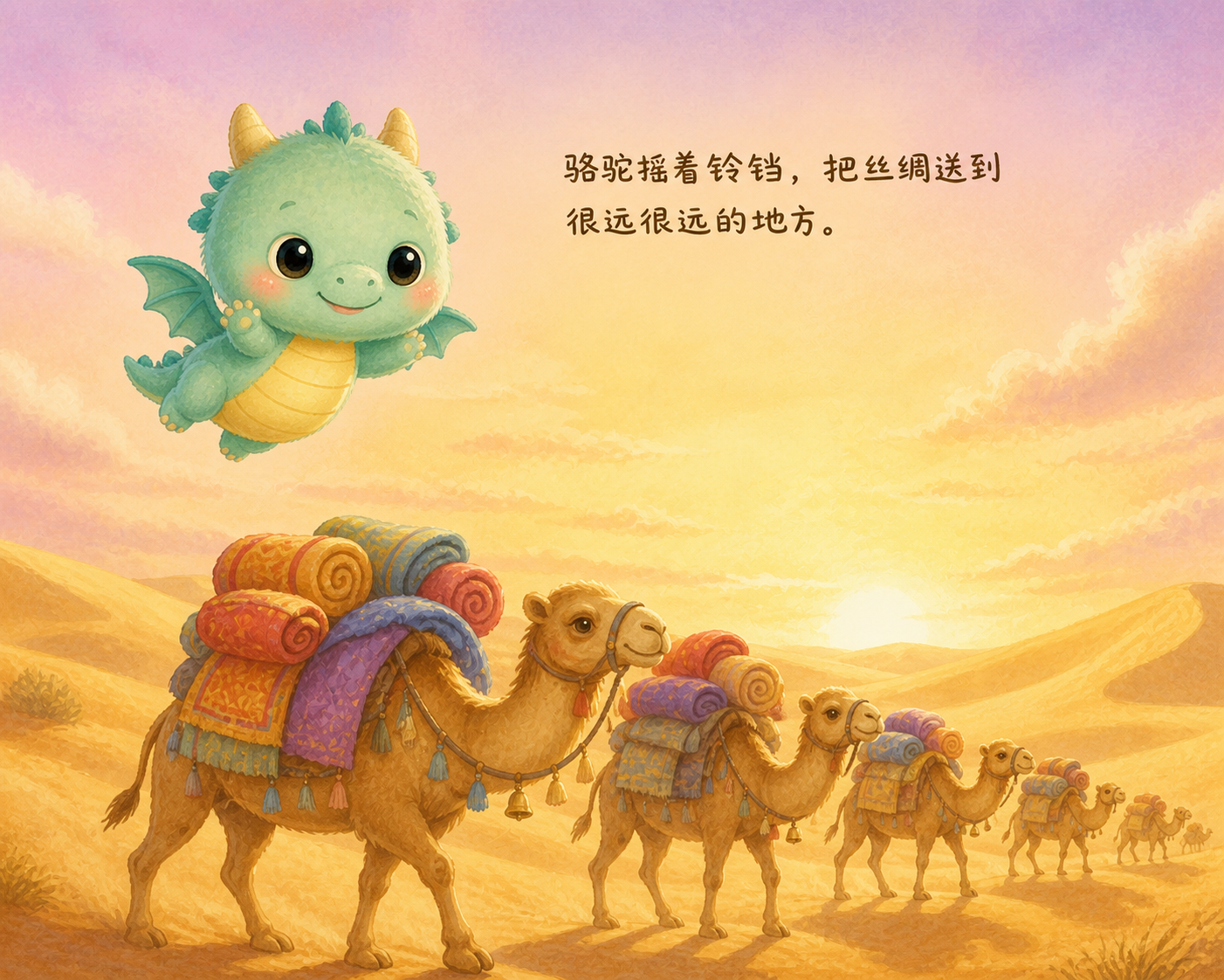 夕阳下的沙漠里，骆驼商队驮着丝绸慢慢走，小青龙在天上跟着飞