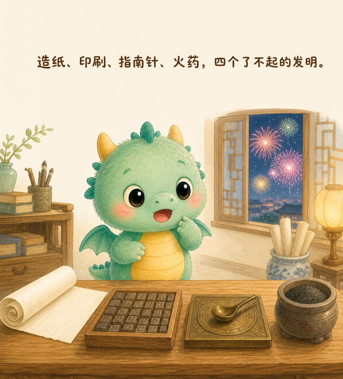 桌上摆着纸张、活字盘和指南针，小青龙惊喜地一样一样数
