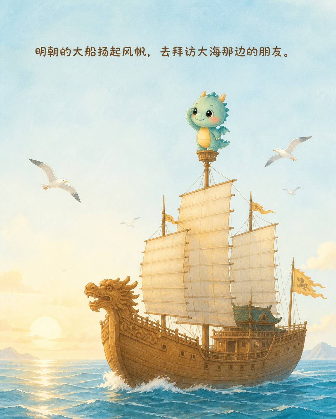 明朝的大宝船扬着风帆驶向大海，海鸥在飞，小青龙停在桅杆顶上
