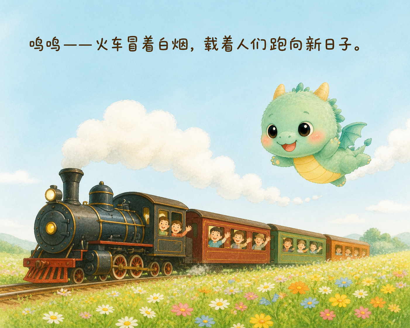 一列蒸汽火车冒着白白的烟驶过田野，小青龙追着烟跑