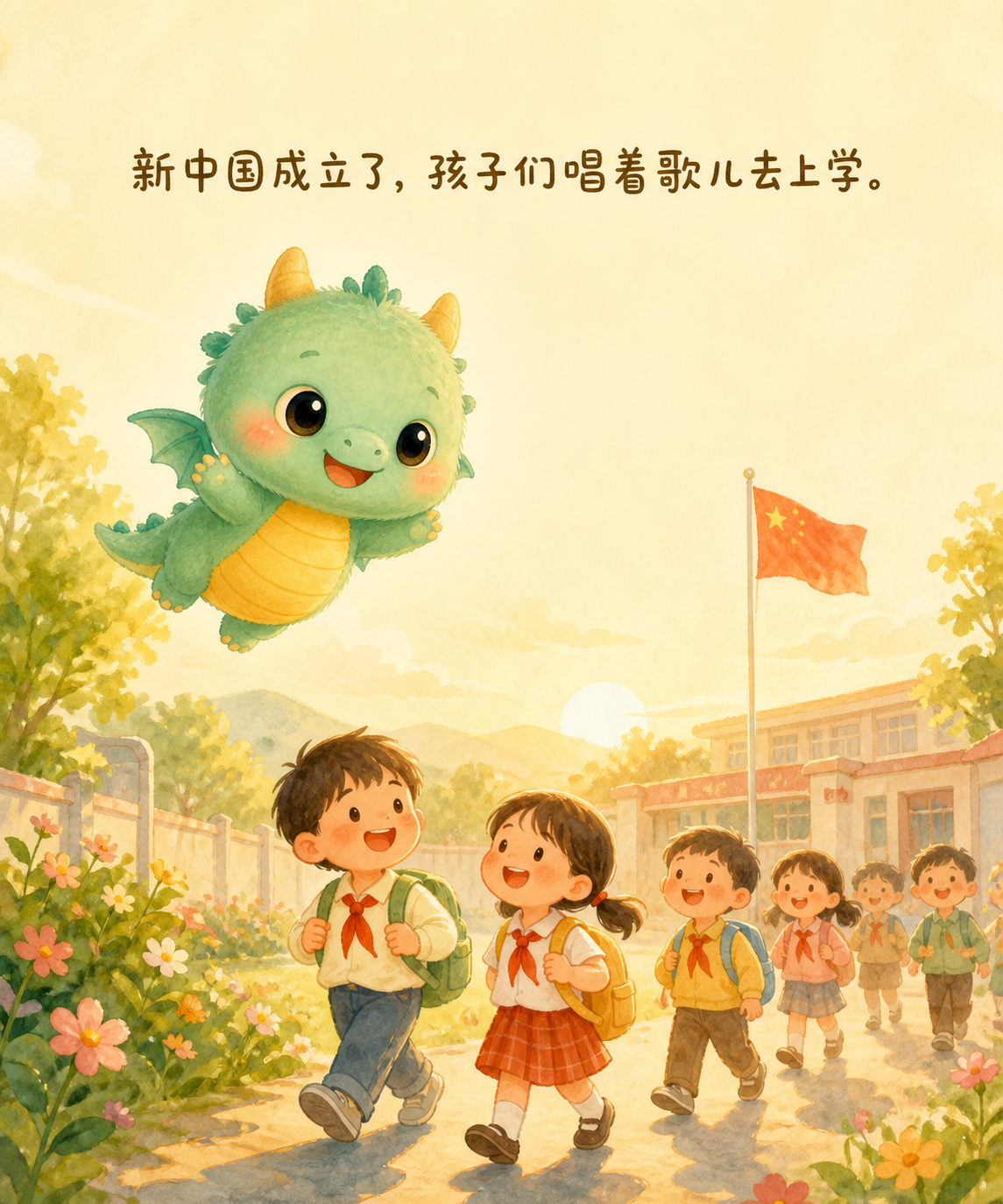 清晨的广场上五星红旗升起，孩子们背着书包唱着歌去上学