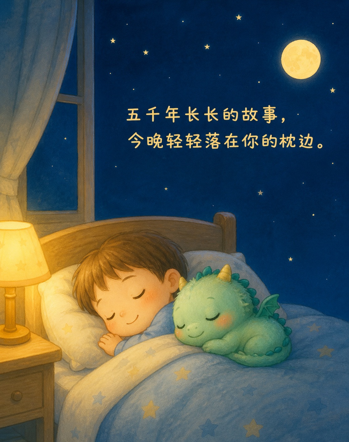 夜晚的窗边，小青龙蜷在睡着的小朋友枕边，窗外挂着圆圆的月亮