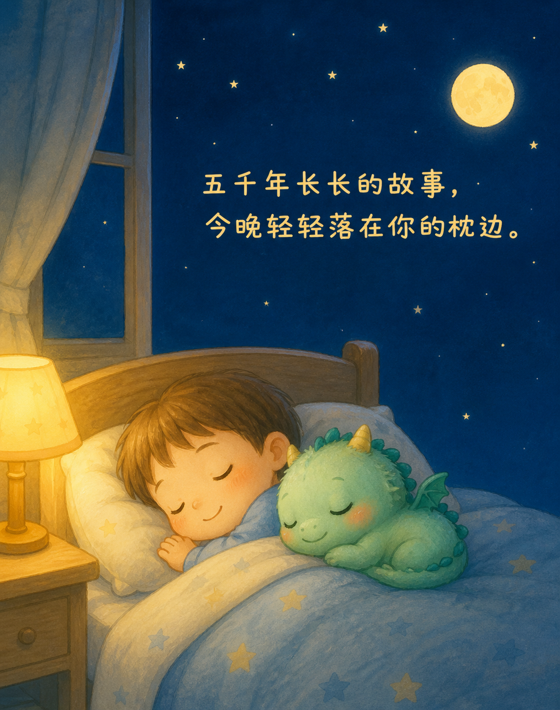 夜晚的窗边，小青龙蜷在睡着的小朋友枕边，窗外挂着圆圆的月亮