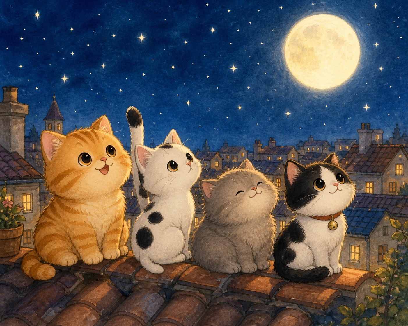 四只小猫在屋顶看月亮
