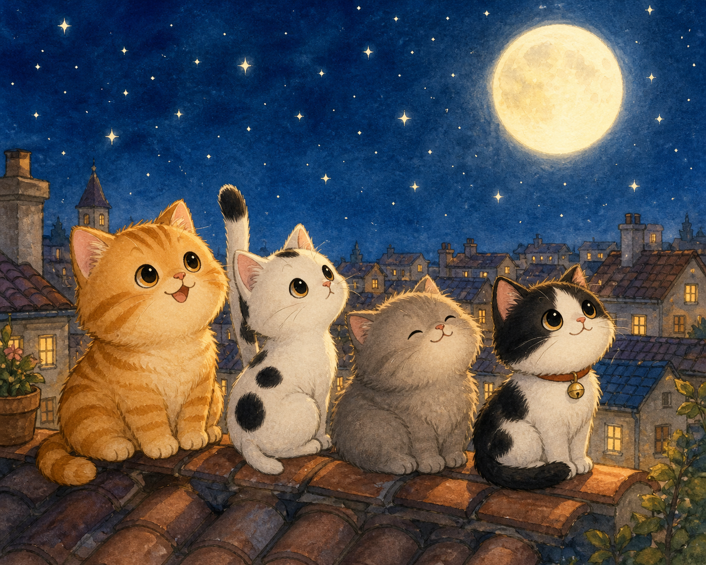四只小猫在屋顶看月亮