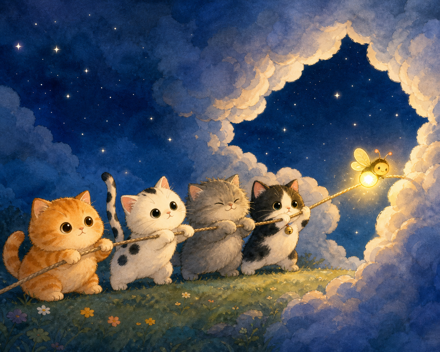 四只小猫和萤火虫合力拉乌云