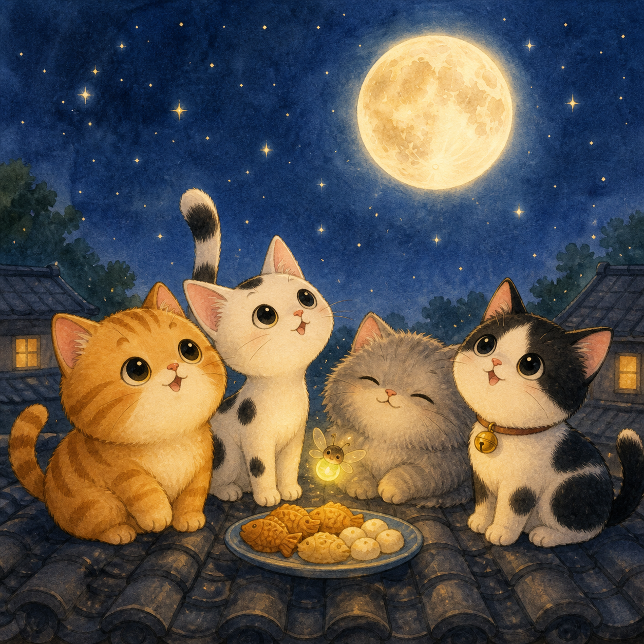 大家挤在屋顶吃点心看星星