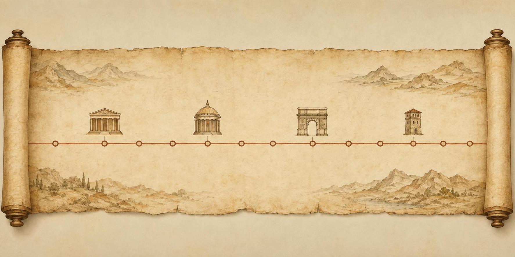 长卷上的罗马路线图:一条线上按顺序标出站点